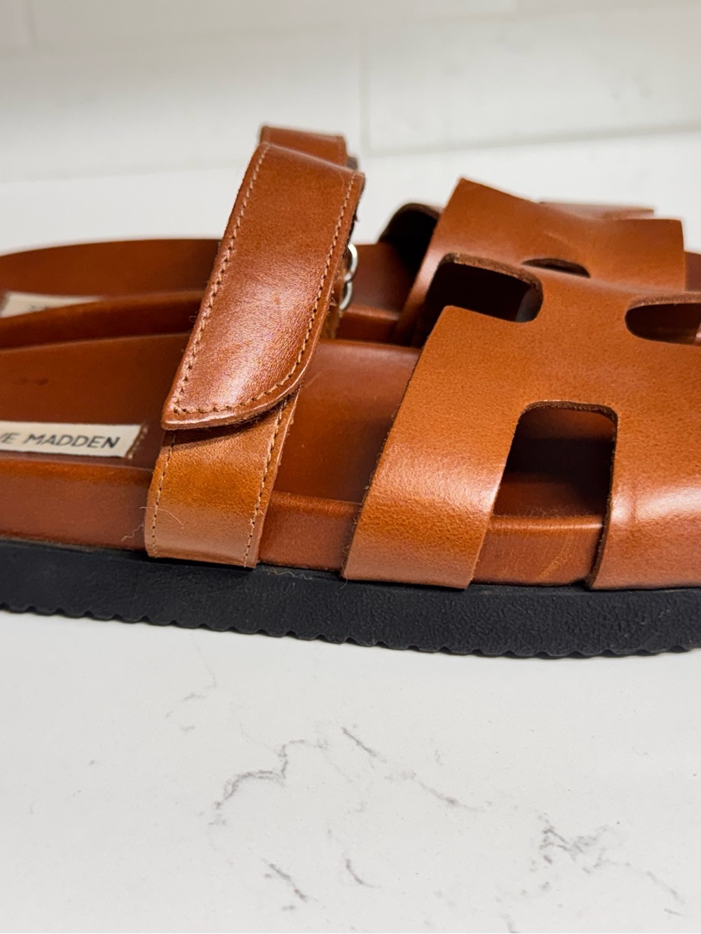 Steve Madden Mayven Camel Leather Platform Slide Sandals Size 8 - Picture 3 of 5